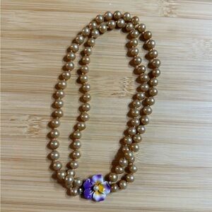Vintage Marvella Double Strand Faux Pearl Purple Yellow Flowers Necklace